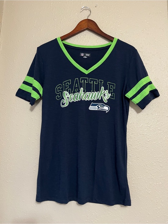 NFL Tops - NFL Team Apparel Seattle Seahawks Women’s V-Neck Tee Blue & GreenGlittery Medium